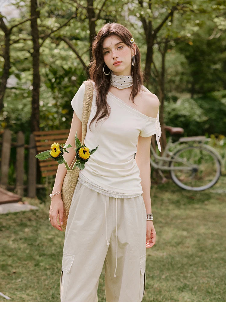 MISHOW Apricot Cargo Pants Lace Patchwork Drawstring Elastic MXE33K0935