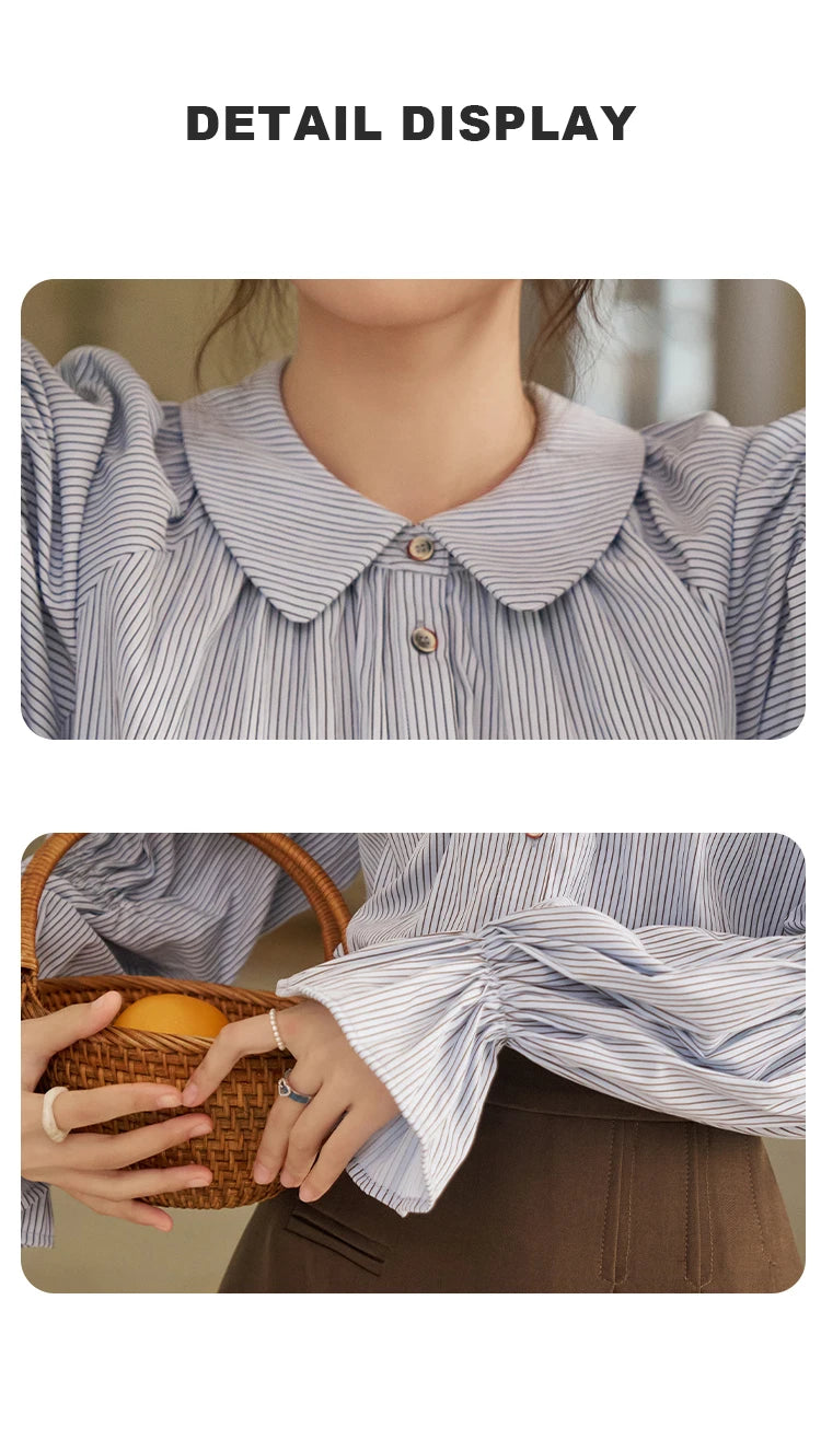 MISHOW Blue Stripe Shirt Bubble Sleeves Doll Neck MXD12C0163