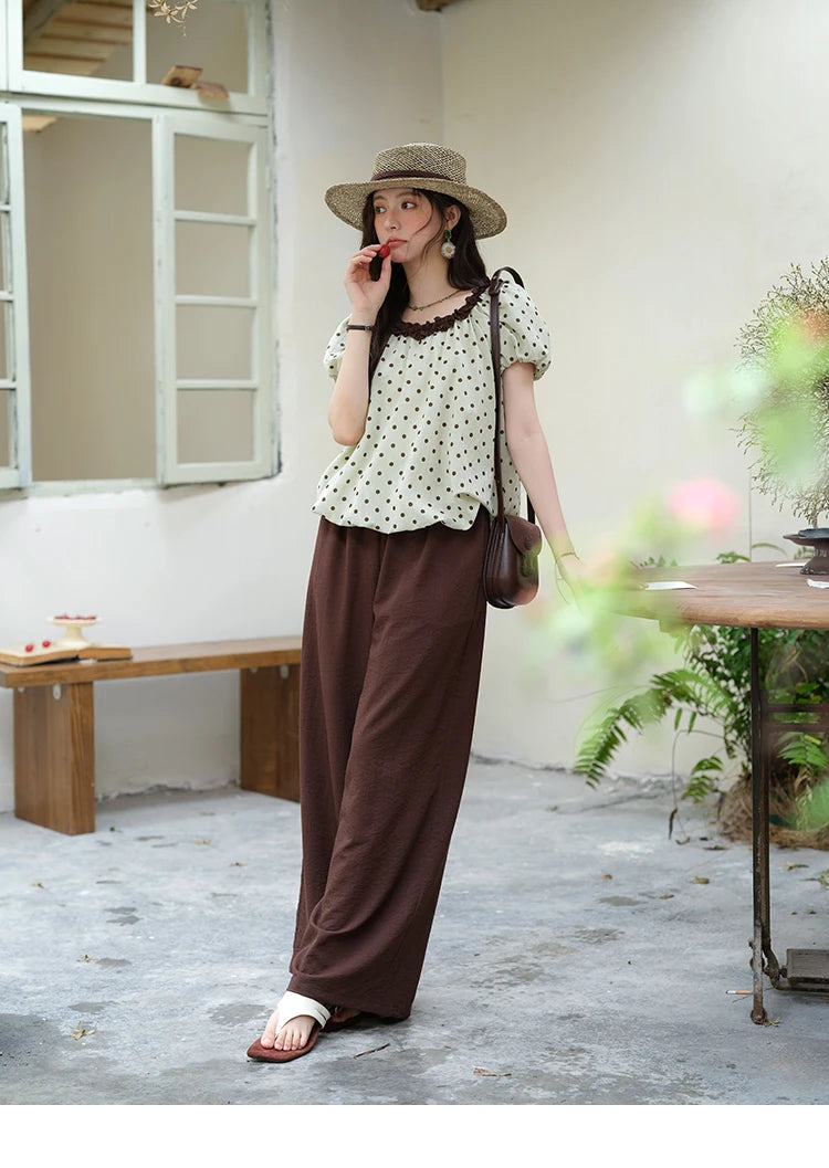 Mishow Polka Dot Puff Sleeve Top & Wide Leg Pants Set MXE39T0657