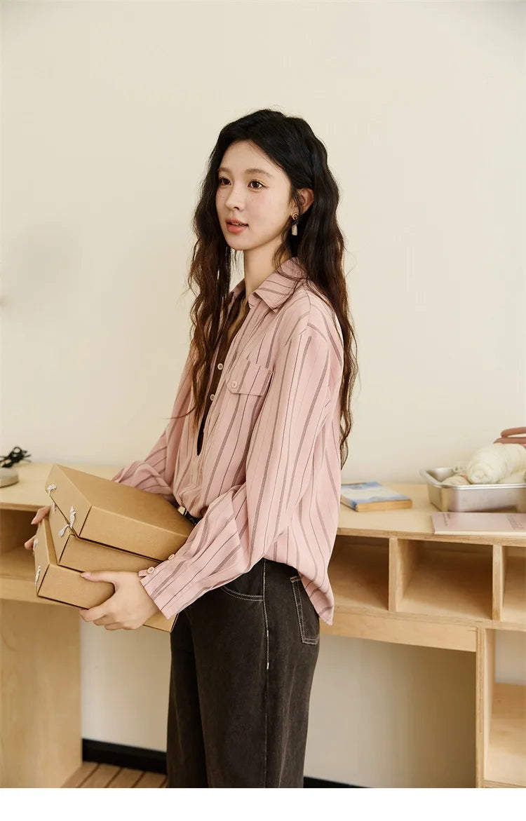 MISHOW Peach Skin Velvet Stripe Shirt Double Layered Collar MXE47C2408