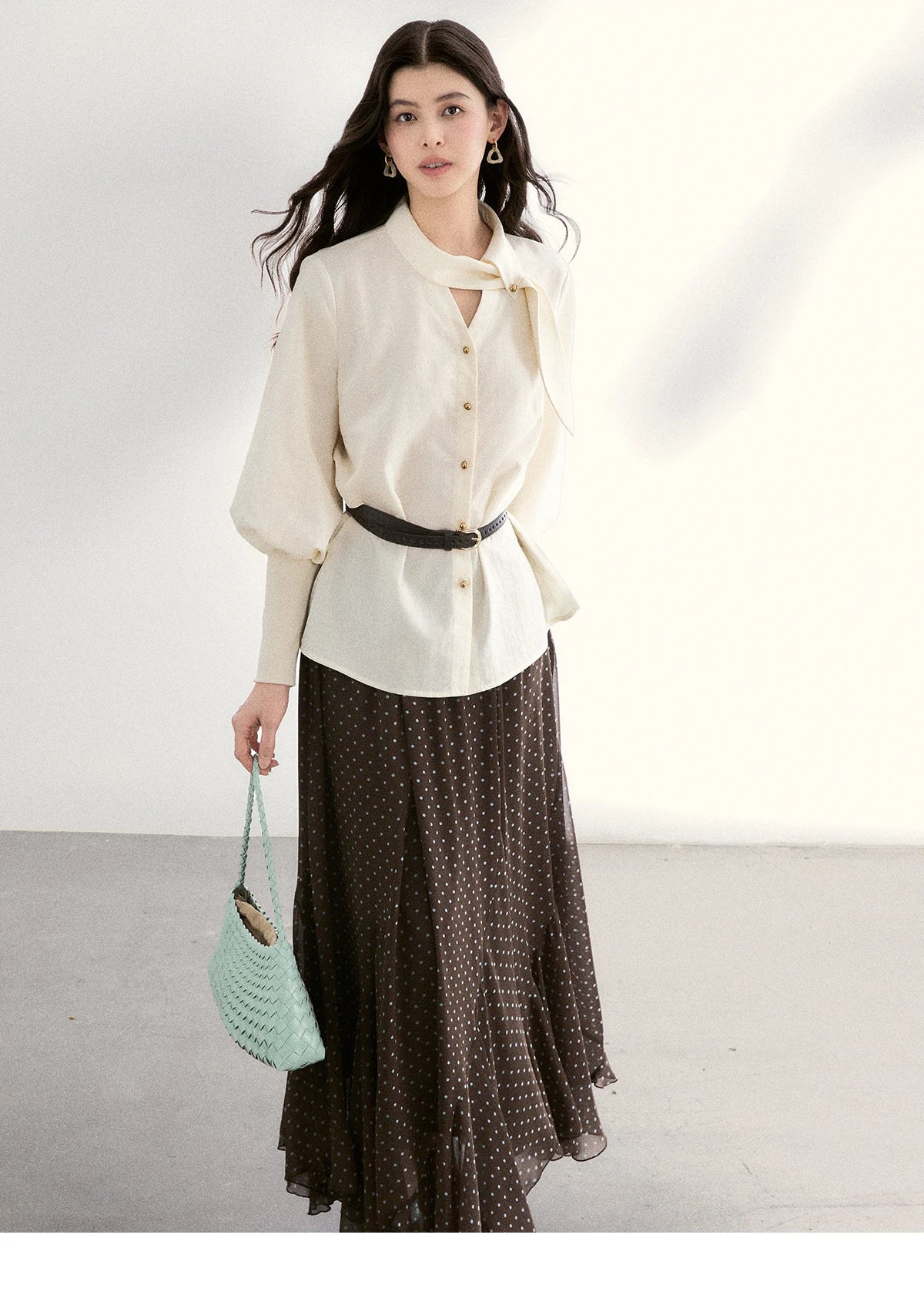 MISHOW Women's Tie Neck Shirt Hollow Out Knitted Patchwork Puff Sleeve MXF108C0812