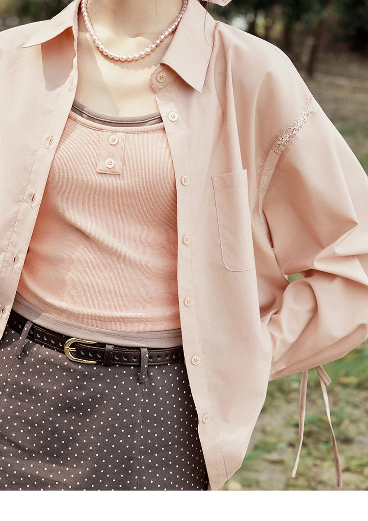 MISHOW Pink Long Sleeve Shirt Lace Bow Tie MXE16C0767