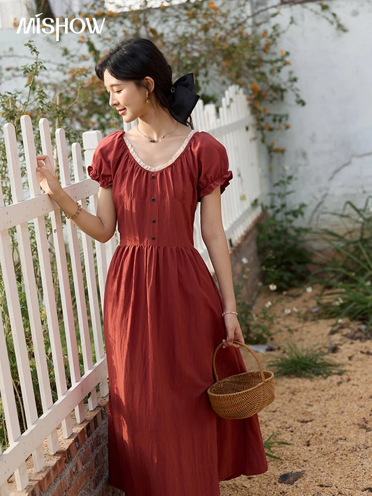 Mishow French Puff Sleeve Lace Neck Long Dress MXE35L2297