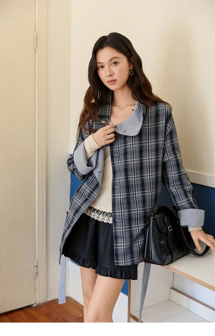 Mishow Blue Plaid Two-Sided Trench Coat MXE48W0871