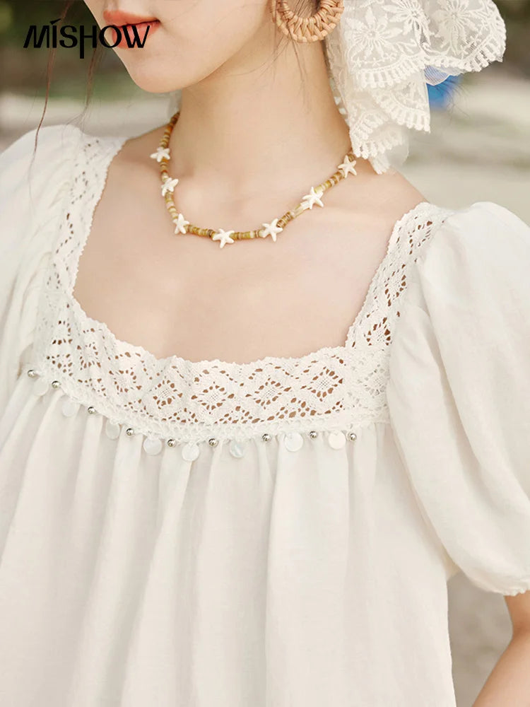 MISHOW Square Collar Puff Sleeve Blouse Lace Splicing MXE32X1780