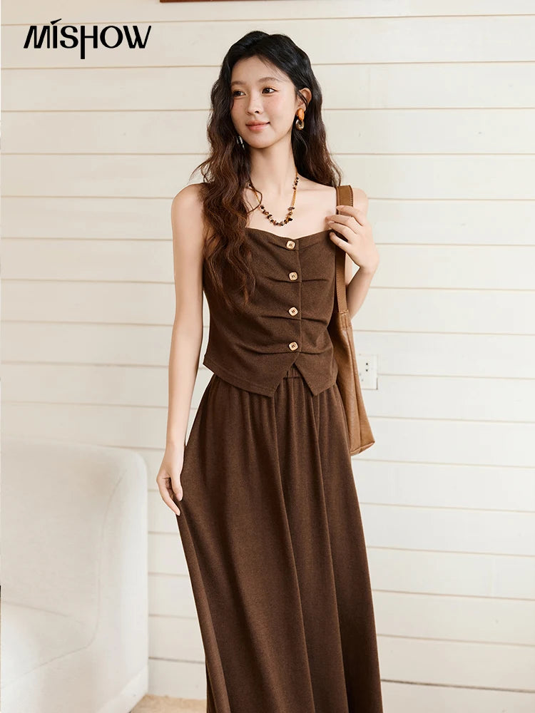 Mishow Retro Dark Brown Tank Top & Pleated A-Line Skirt Set MXE46T1378
