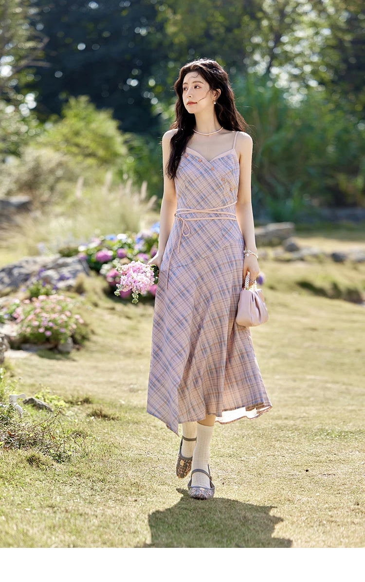 Mishow French Plaid V-Neck Lace-Up Camisole Dress MXE11L2088