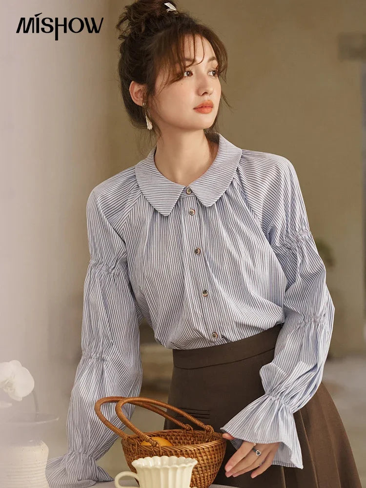 MISHOW Blue Stripe Shirt Bubble Sleeves Doll Neck MXD12C0163