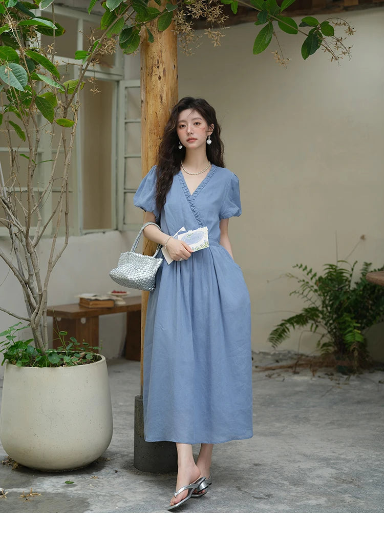 Mishow V-Neck Puff Sleeve Pocket Sash Dress MXE39L2381
