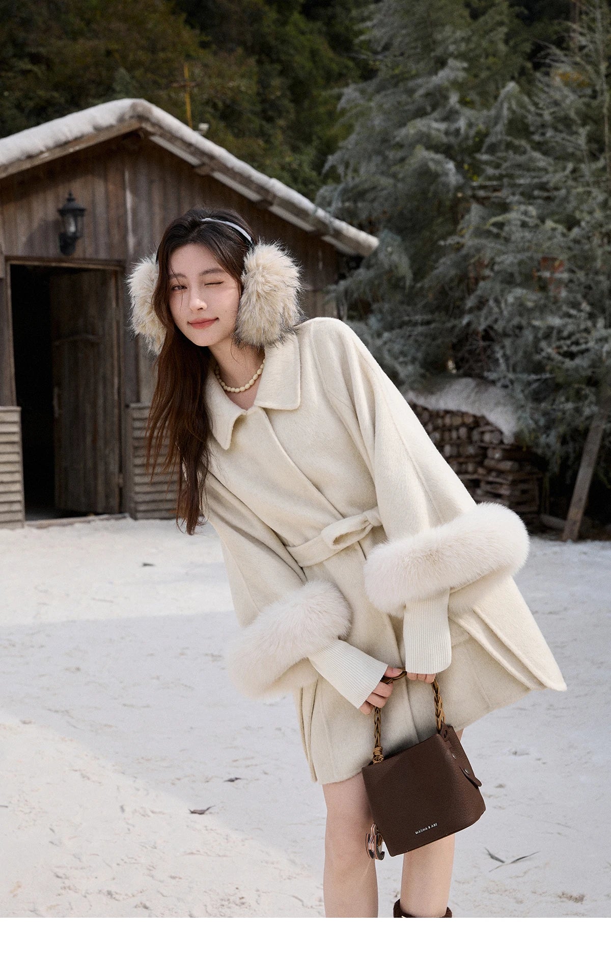 Mishow 100% Wool Cape with Detachable Furry Cuffs MXE90W0947