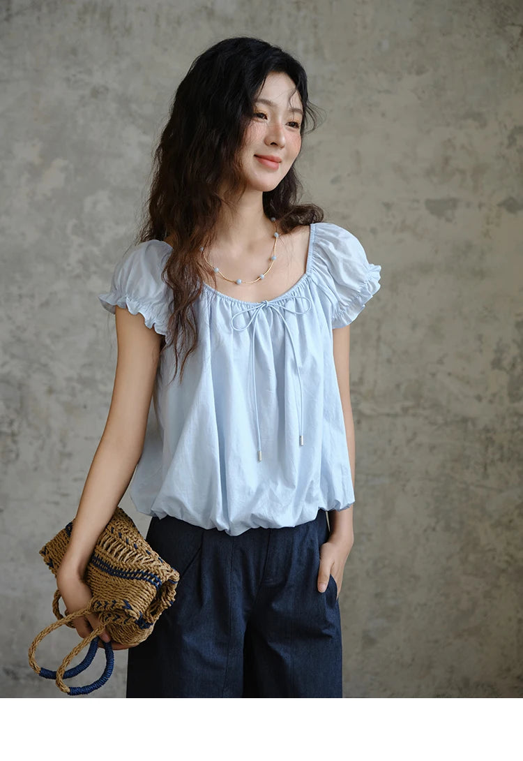 MISHOW Cotton Blouse Puff Sleeve Lace Up O-Neck MXE37X1893
