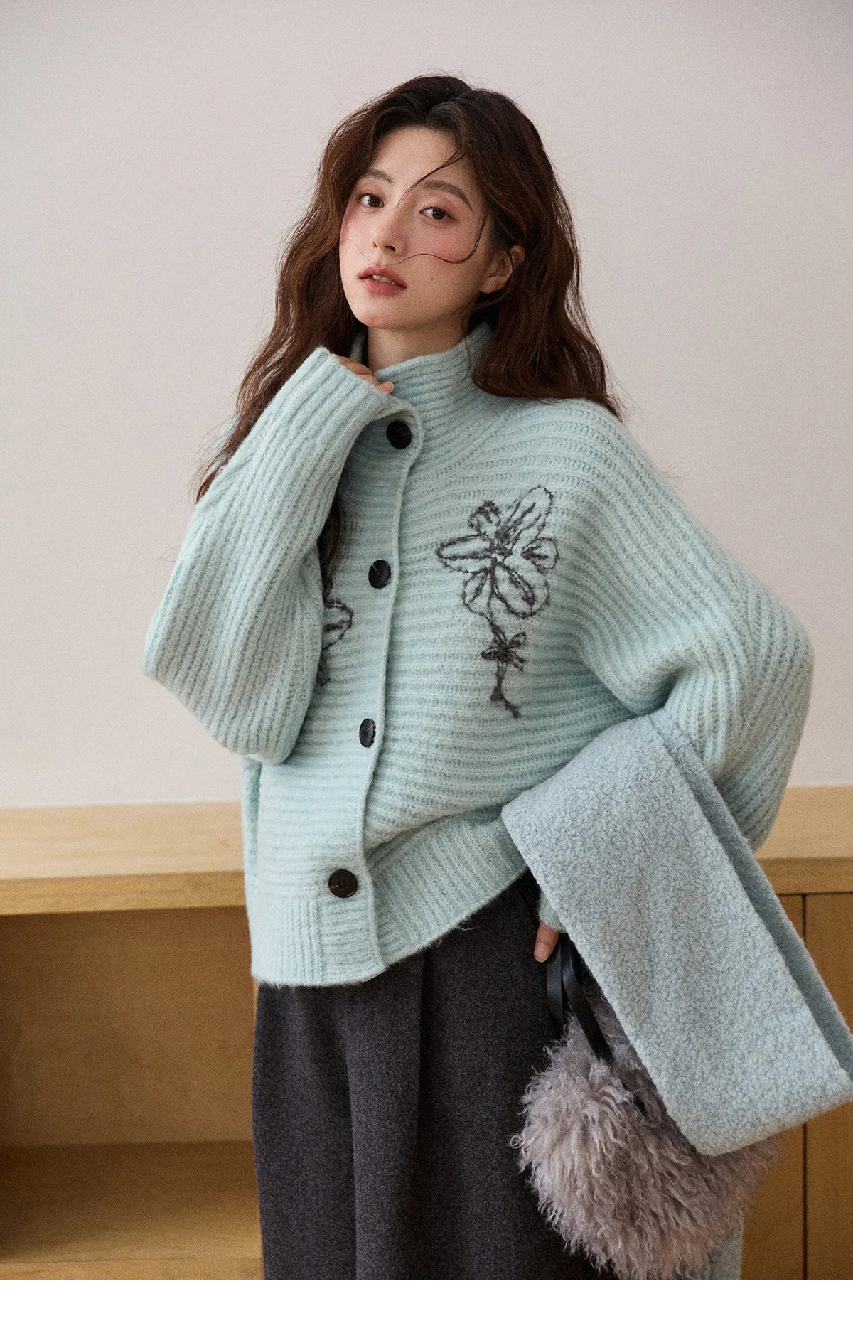Mishow Blue Stand Collar Flower Jacquard Cardigan MXE86Z2665