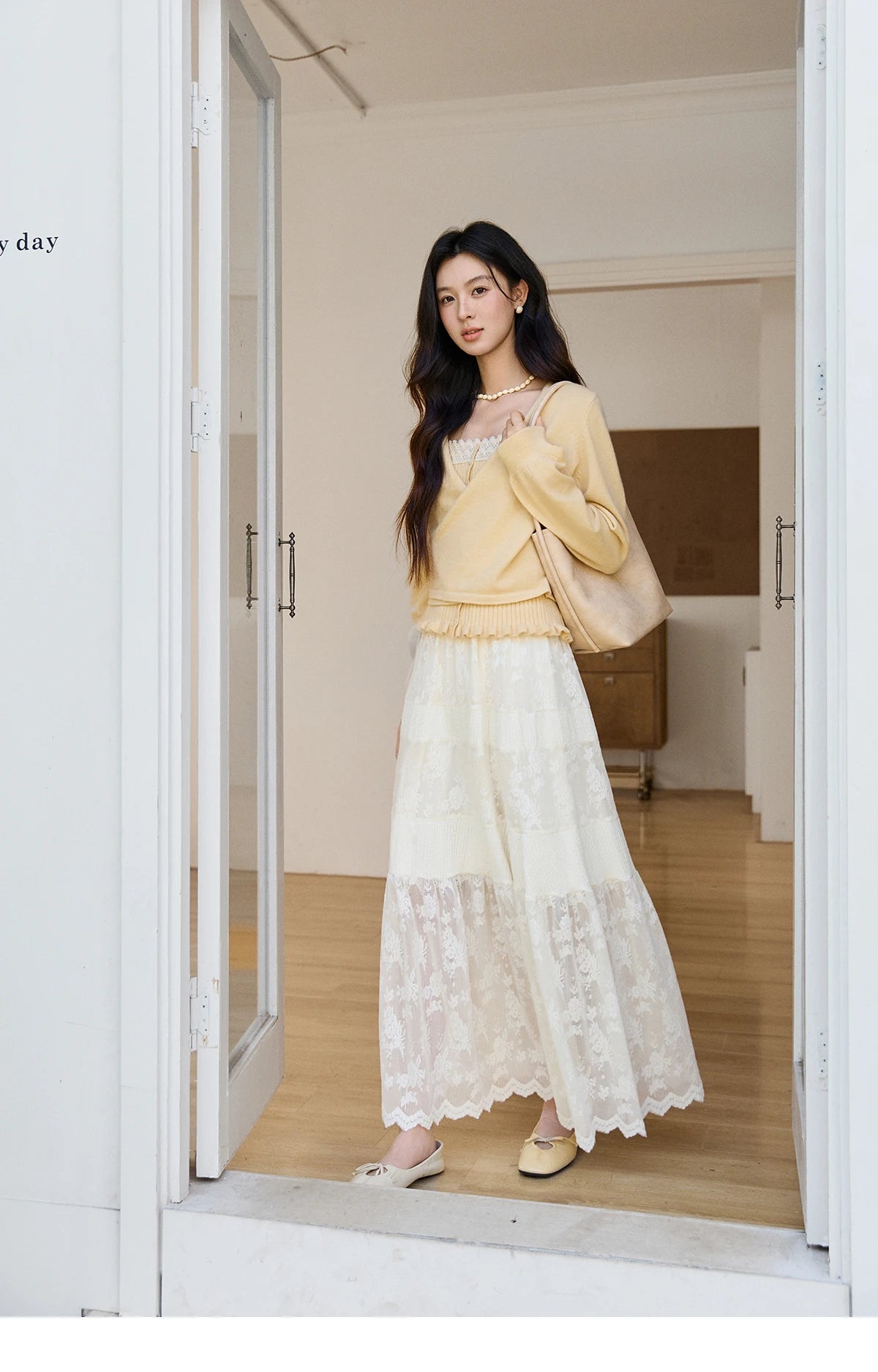Mishow Yellow Ruffled Camisole & Lace Cardigan Set MXF11T1472
