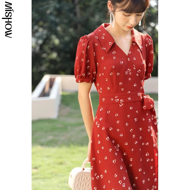 Mishow Red Chiffon V-Neck Floral Midi Dress MXA29L0356