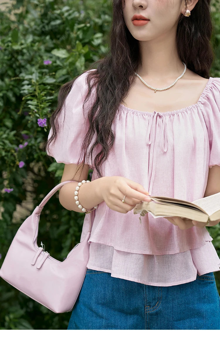 MISHOW Square Neck Blouse Tied Lantern Sleeve Double Layered Hem MXD26X1551