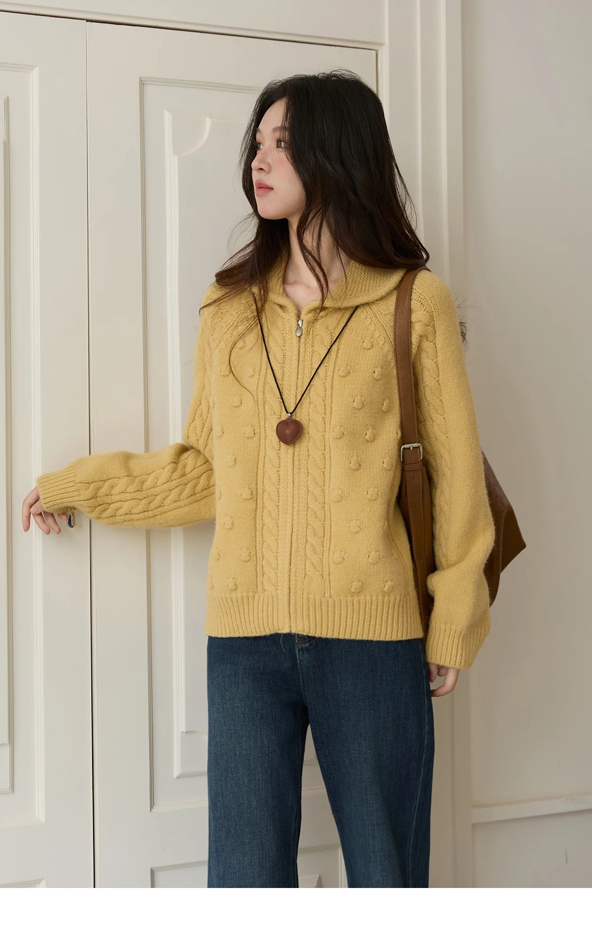 Mishow Yellow Zipper Turn-Down Collar Cardigan MXE49Z2619