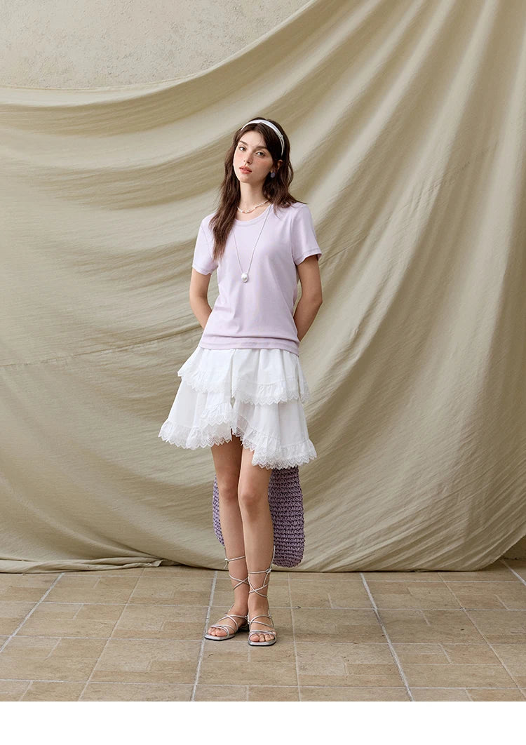 Mishow Solid Straight Shoulder Lace Trim Tee MXE31T0532