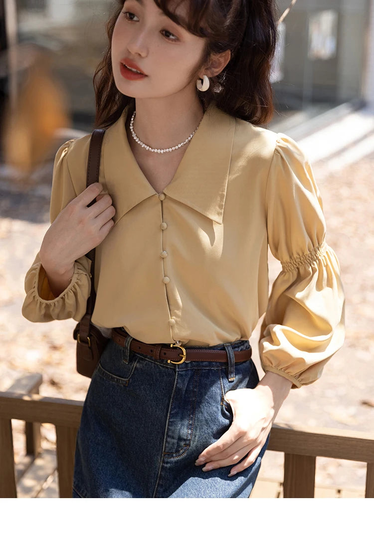 MISHOW Vintage French Lantern Sleeve Blouse Turndown Collar MXB32C0508