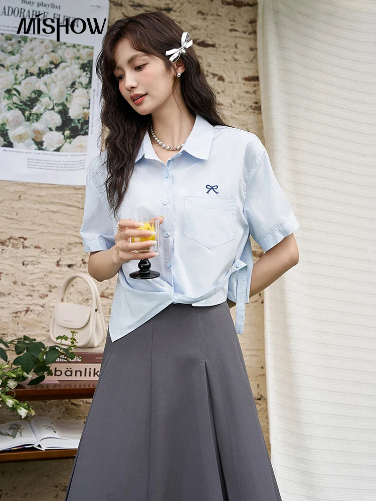 MISHOW Same Color Bow Embroidered Shirt Asymmetric Hem MXD23C0257