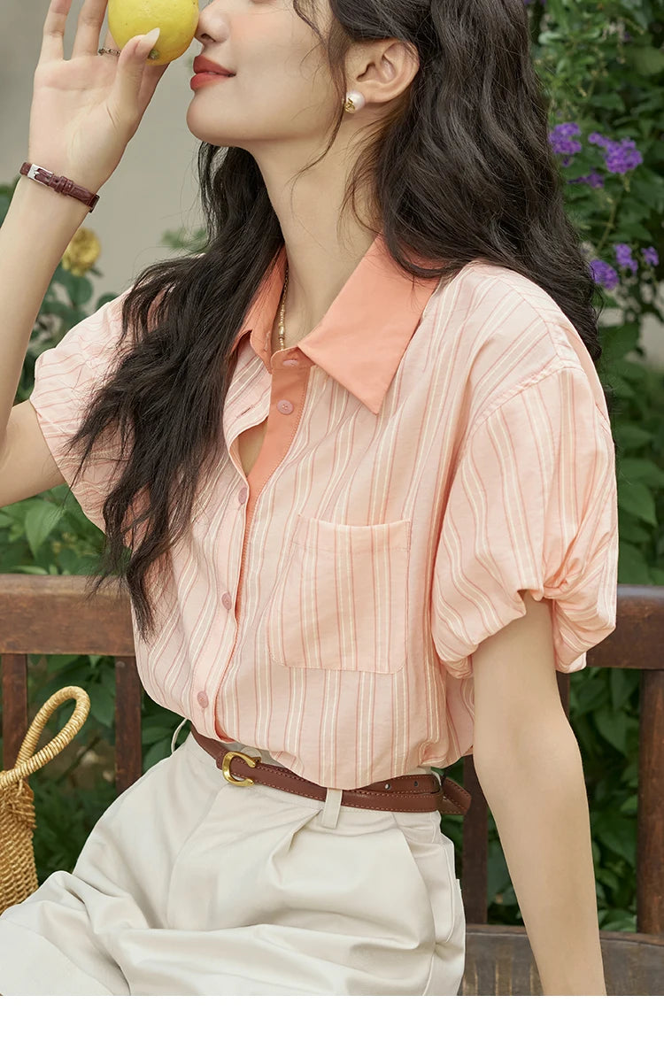 MISHOW Hong Kong Retro Pink Striped Shirt Bubble Sleeve Lapel MXD28C0250