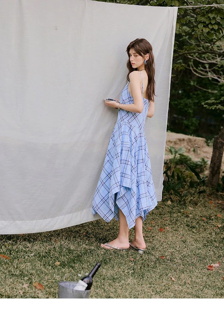 Mishow Blue Plaid Sleeveless A-Line Dress MXE33L2260