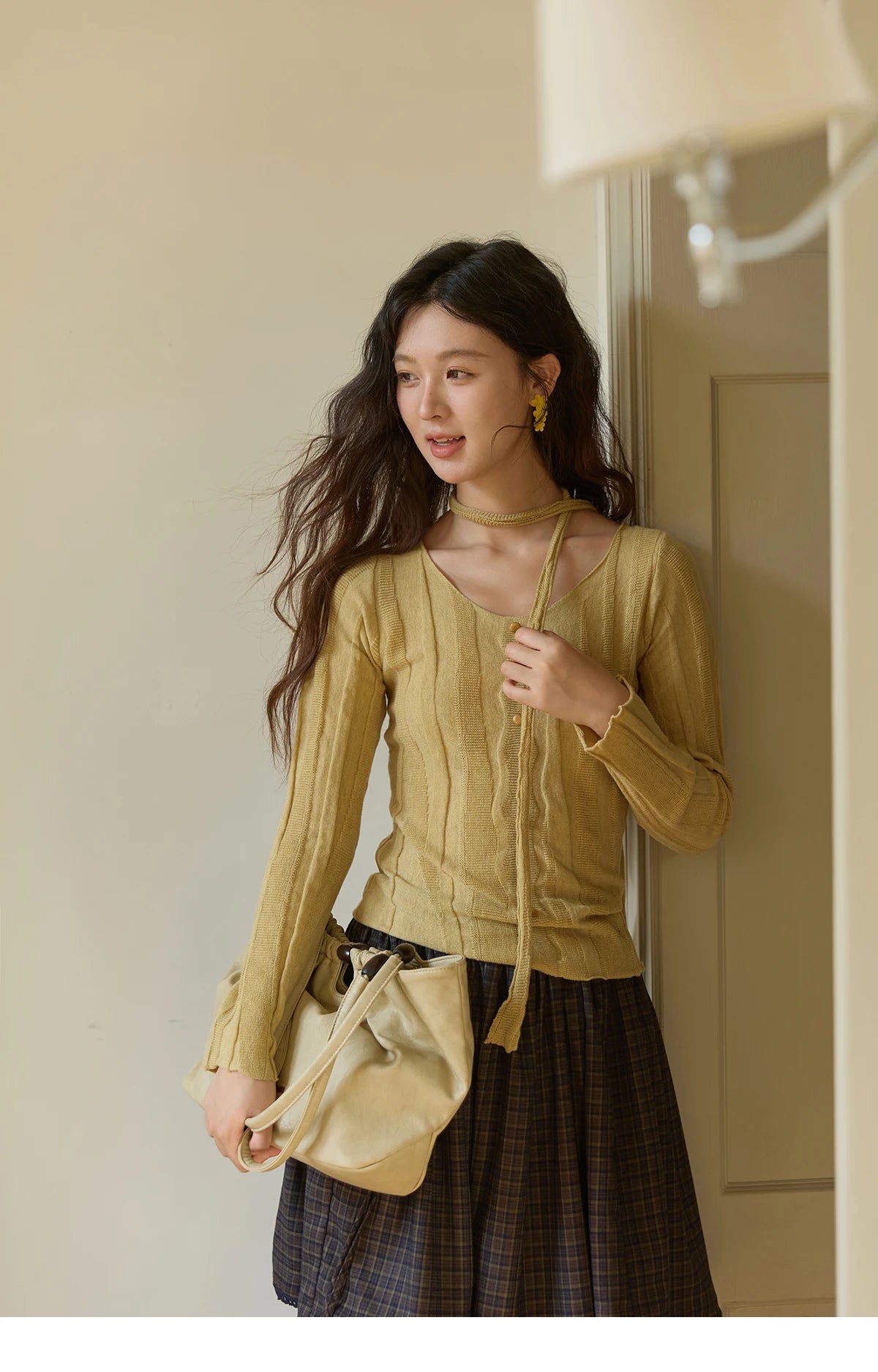 Mishow French Slim Scoop Neck Draped Tie Pullover MXE42Z1322