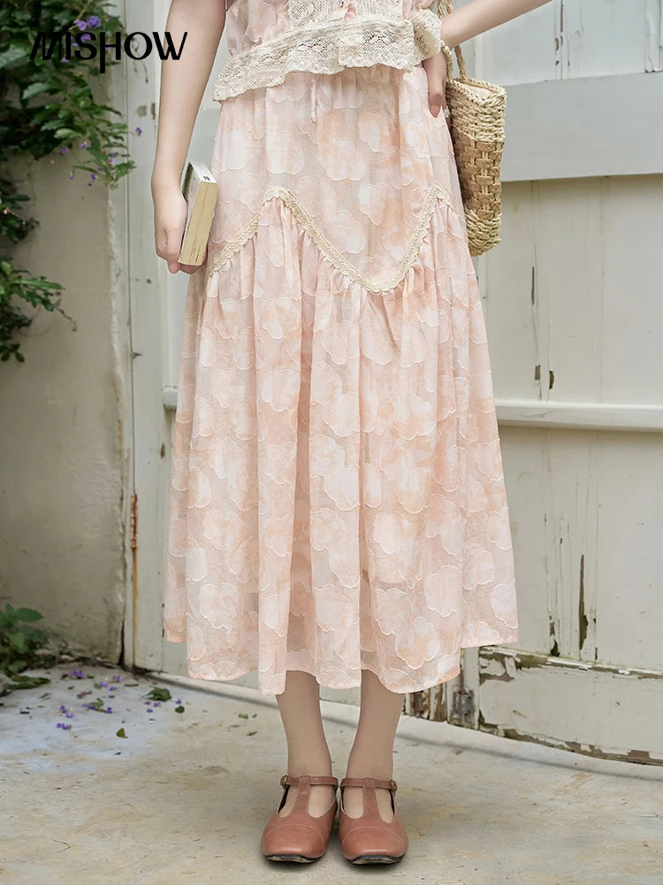 MISHOW French Embroidered Lace Bubble Sleeve Top & Elastic Waist Skirt Set MXD23X1428