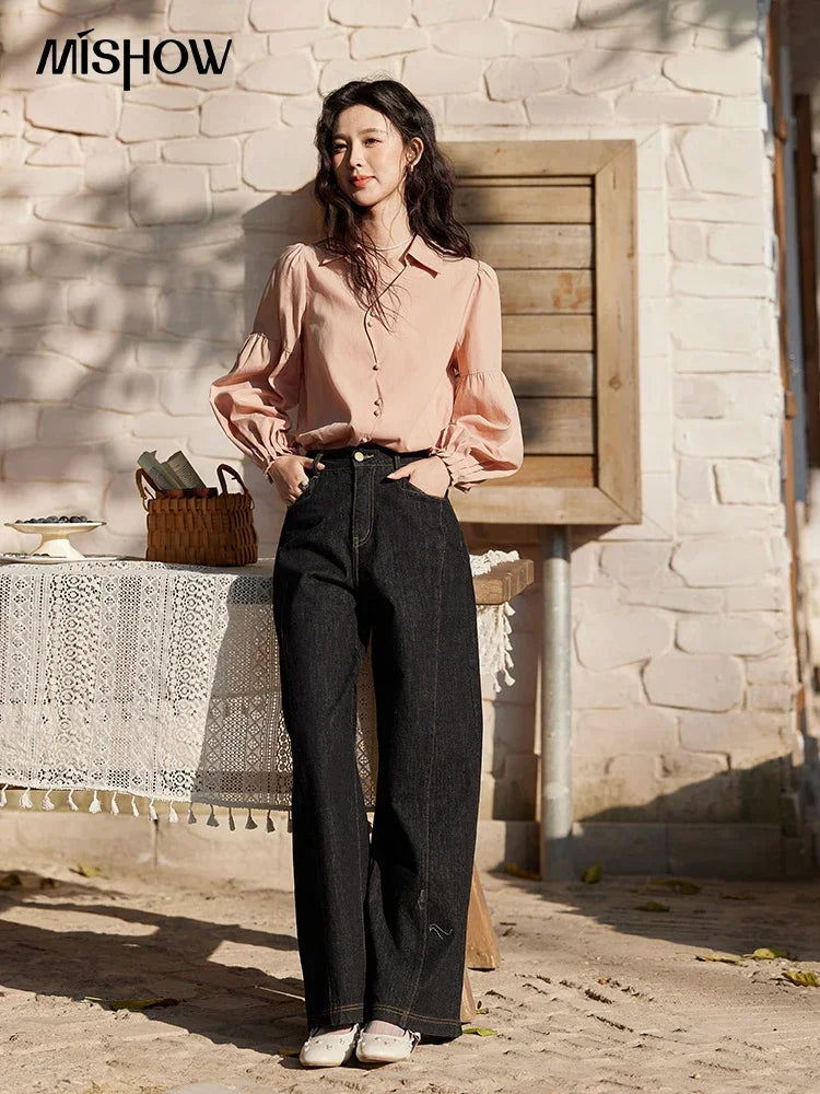 MISHOW French Polo Neck Long Sleeve Shirt Solid Casual MXE11C0388