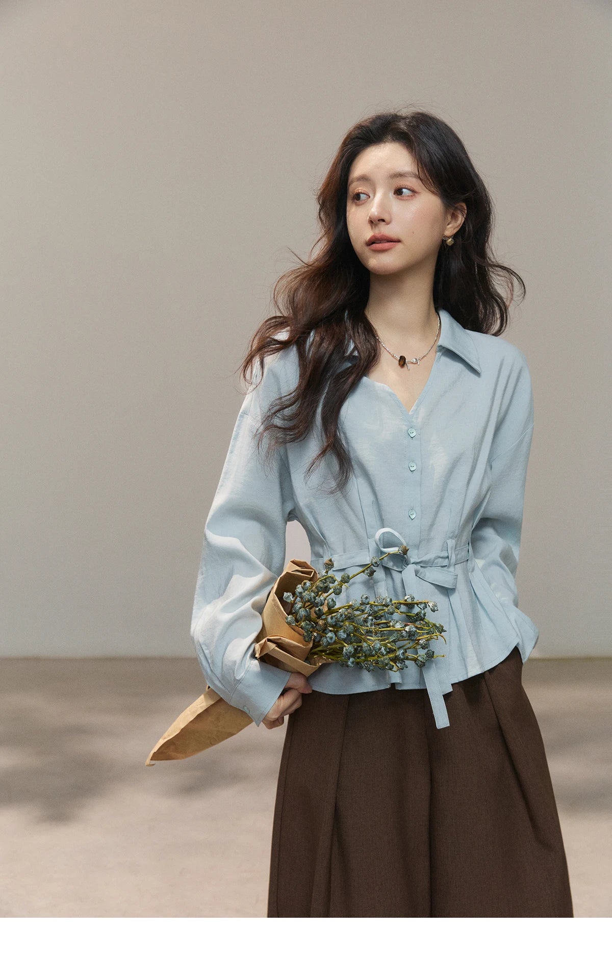 MISHOW Light Blue Lyocell Shirt V-Neck Belted Waist MXF13C2437