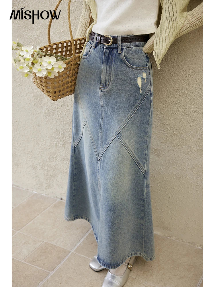 MISHOW Irregular Wash Denim Skirt Split Back Hem High Waist MXE14B0705