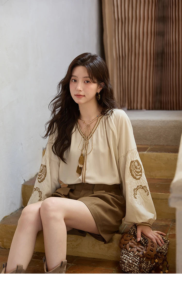 MISHOW Apricot Embroidered Blouse Tassels Lantern Sleeves MXE41X1940