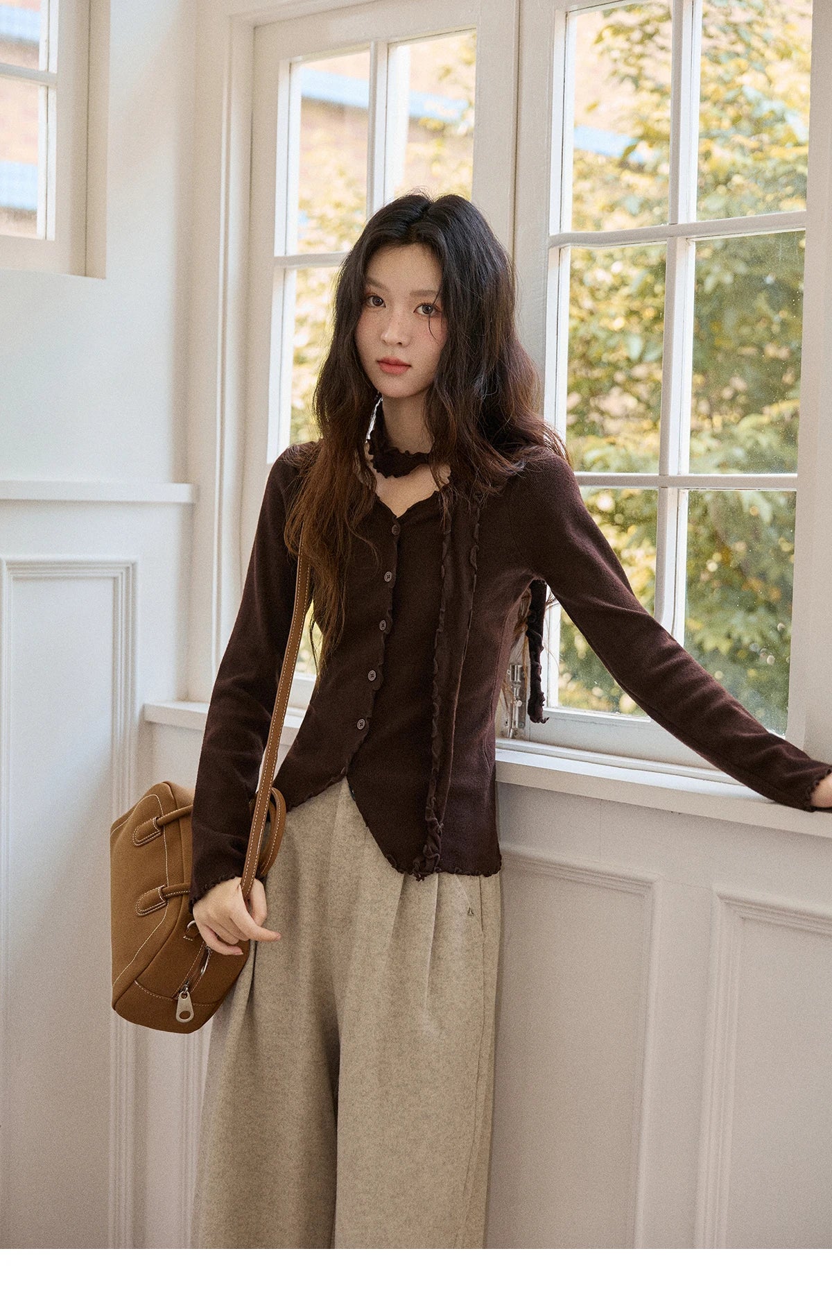 Mishow Ruffled Edge V-Neck Ribbon Knit Pullover MXE86Z2728