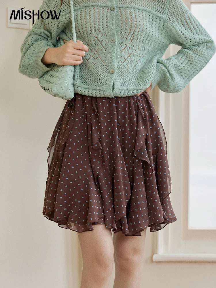 Mishow Brown Polka Dot Ruffled Chiffon Mini Skirt MXF13B2476