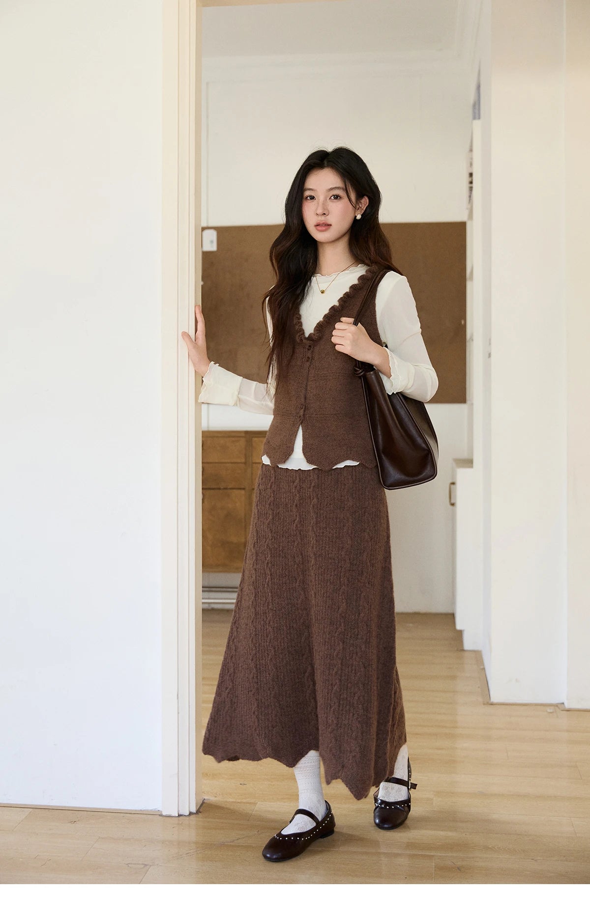Mishow Brown Knitted Vest & Cable Knit Maxi Skirt Set MXF11T1460
