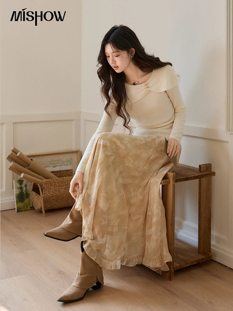 Mishow Beige Asymmetrical Collar Wool Sweater MXF11Z2918