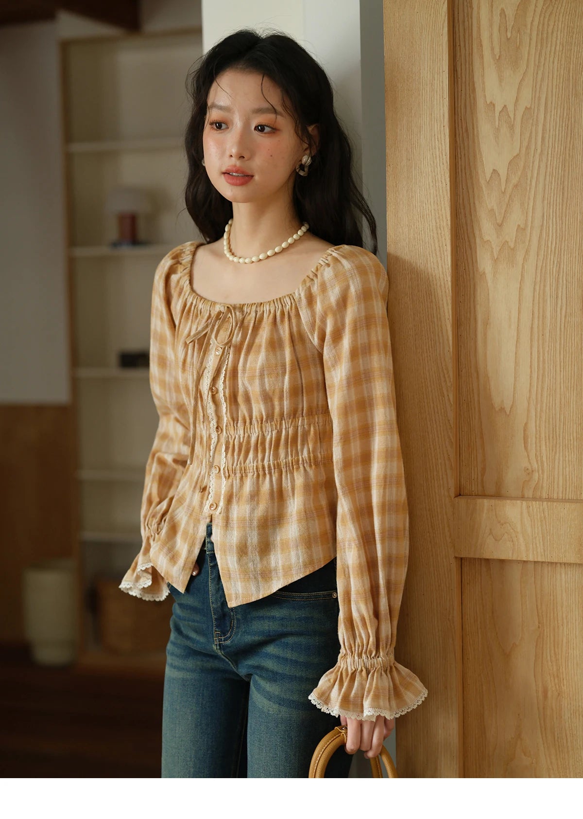 MISHOW Yellow Plaid Blouse Square Neck Puff Sleeve MXE43X1986