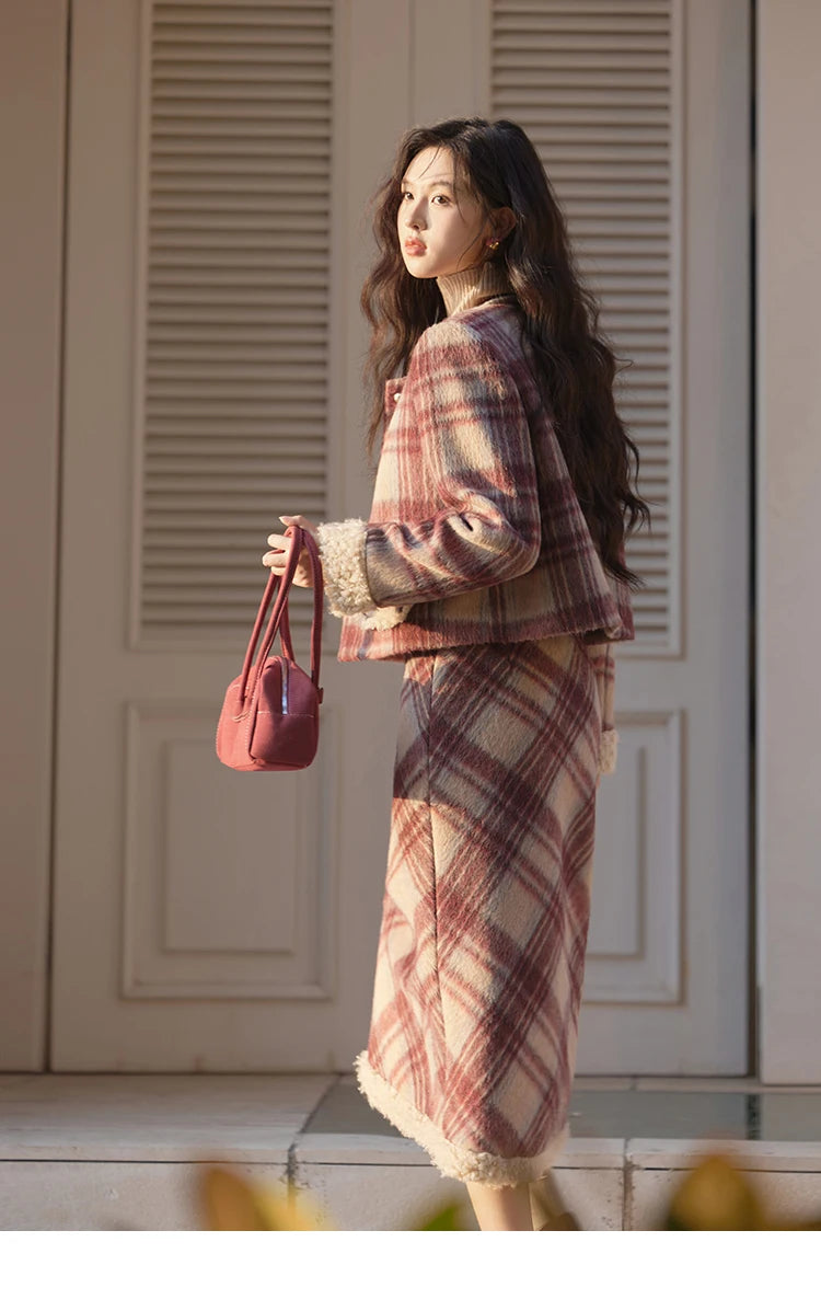 Mishow Plaid Tweed Jacket & Midi Skirt Set MXD54W0562