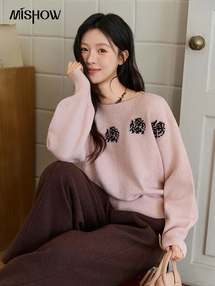 Mishow Pink Jacquard Lantern Sleeve Drop Shoulder Sweater MXE91Z2775