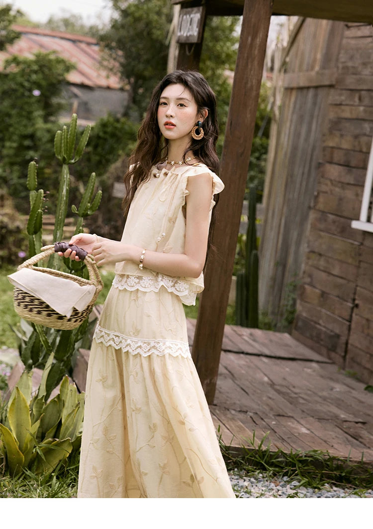Mishow Short Flying Sleeve Top & Hollow Embroidery A-Line Skirt Set MXE33T0545