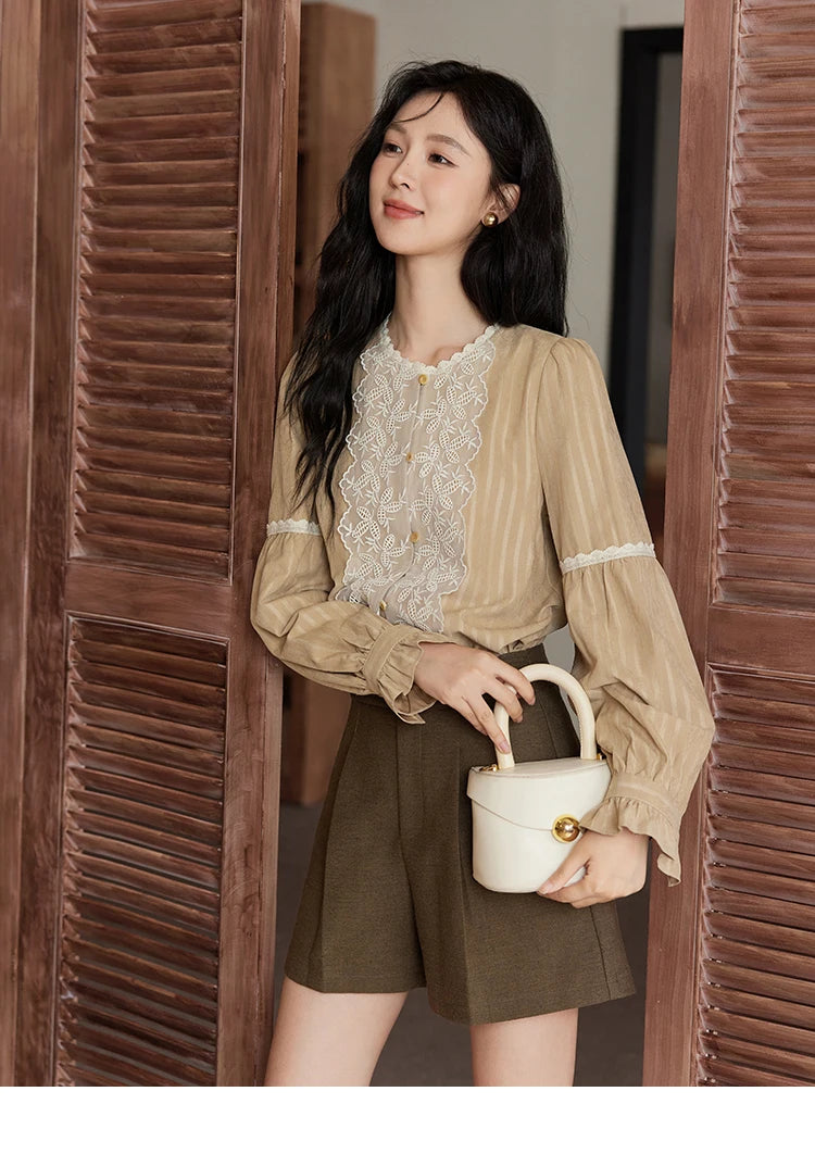MISHOW Mesh Embroidery Blouse Lace Collar Lantern Sleeve MXD47X1664