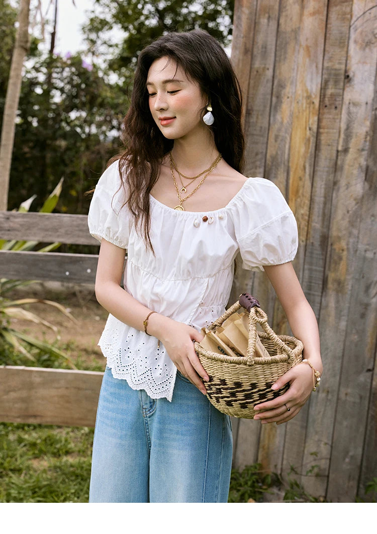 MISHOW Solid Short Puff Sleeve Blouse Hem Hollow Beading MXE33X1776