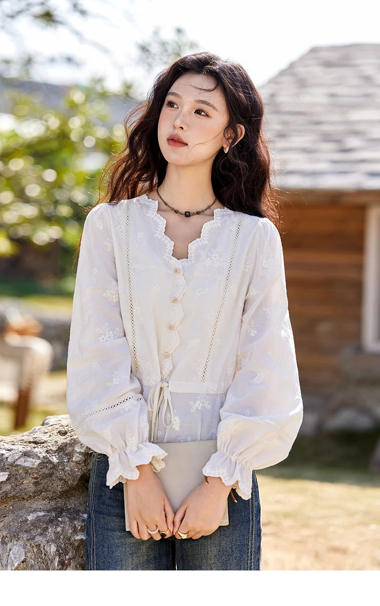 MISHOW Embroidered Lace Blouse V-Neck Drawstring MXE11X1708