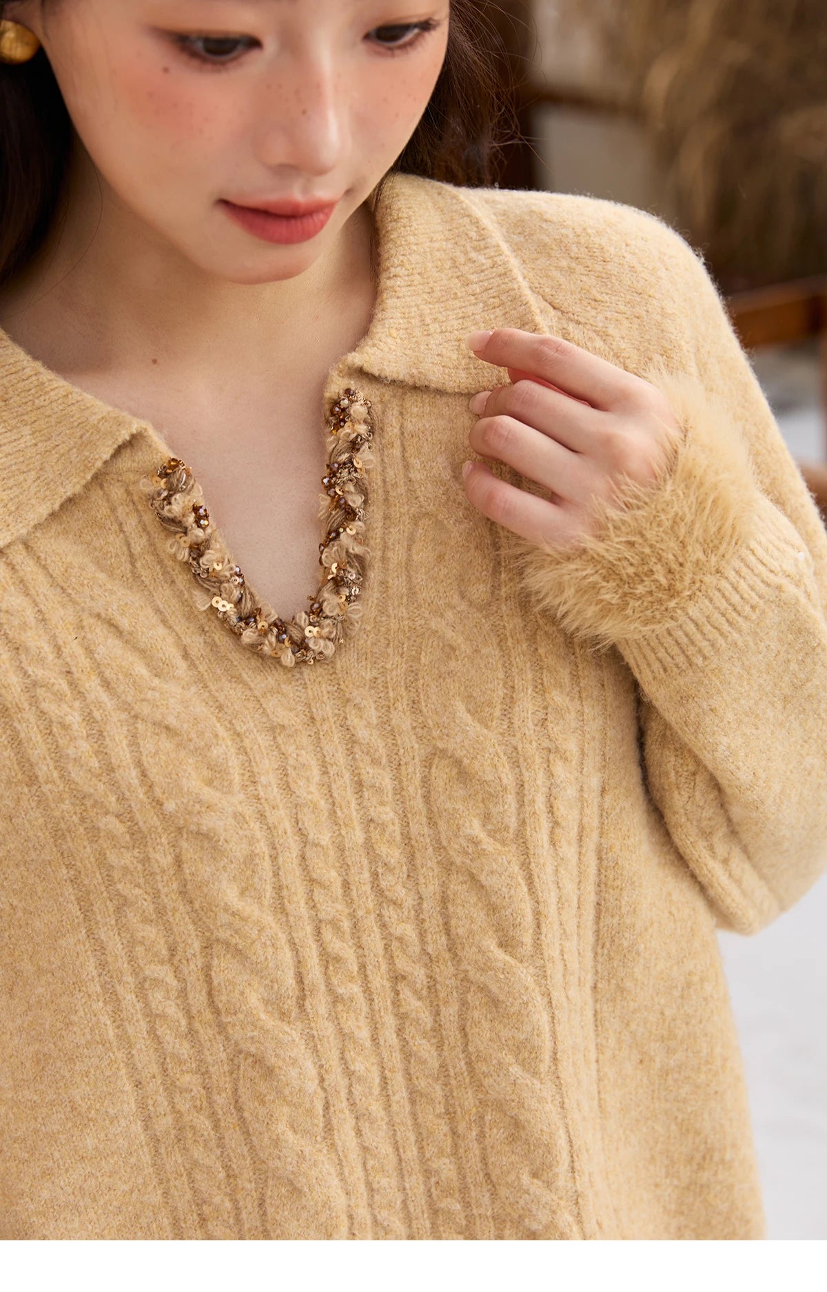 Mishow Yellow Cable Plush Hem Stitching Sweater MXE88Z2674