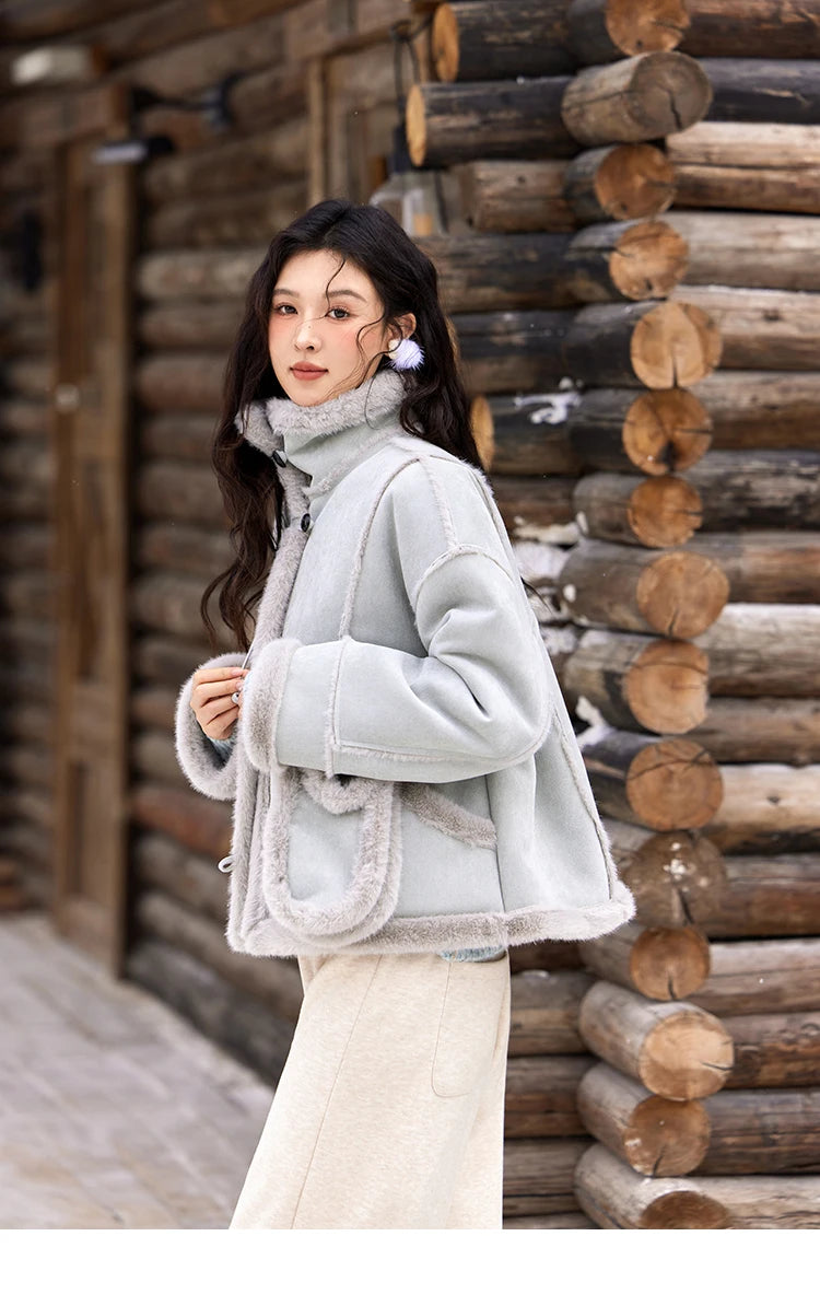 Mishow Suede Plush Fur Collar Jacket with Bag MXD57W0737