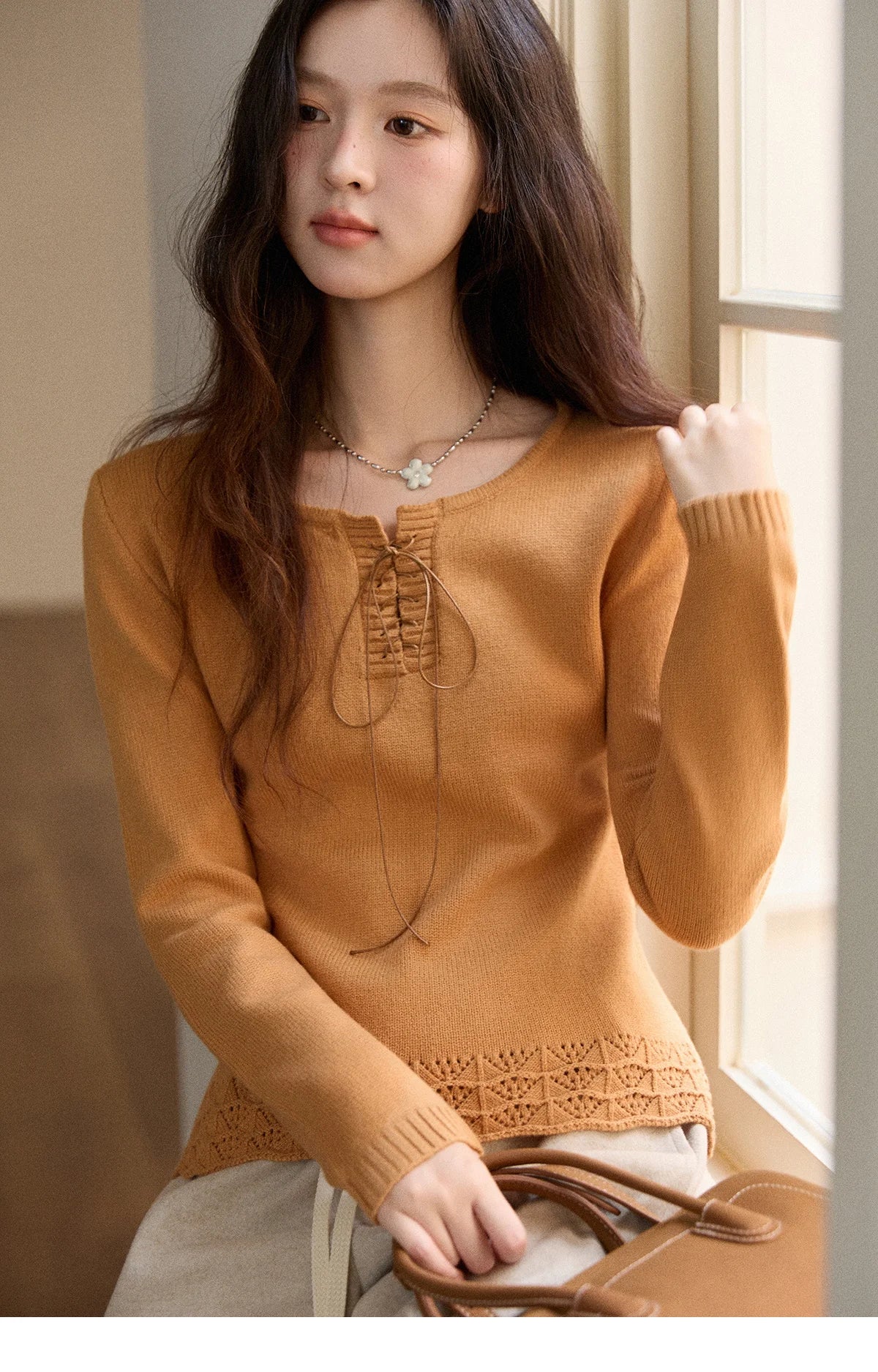 Mishow Beige Contrast French Hem Crochet Sweater MXE89Z2634