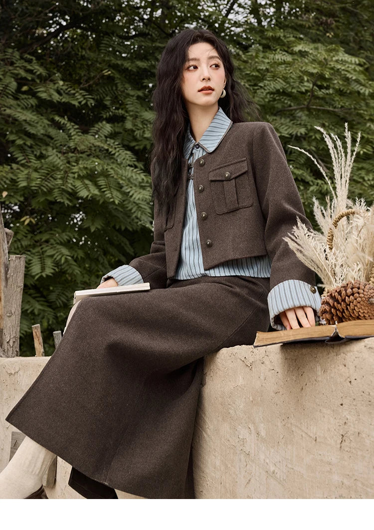 Mishow Plaid Tweed O-Neck Jacket & Front Slit Long Skirt Set MXD43W0445