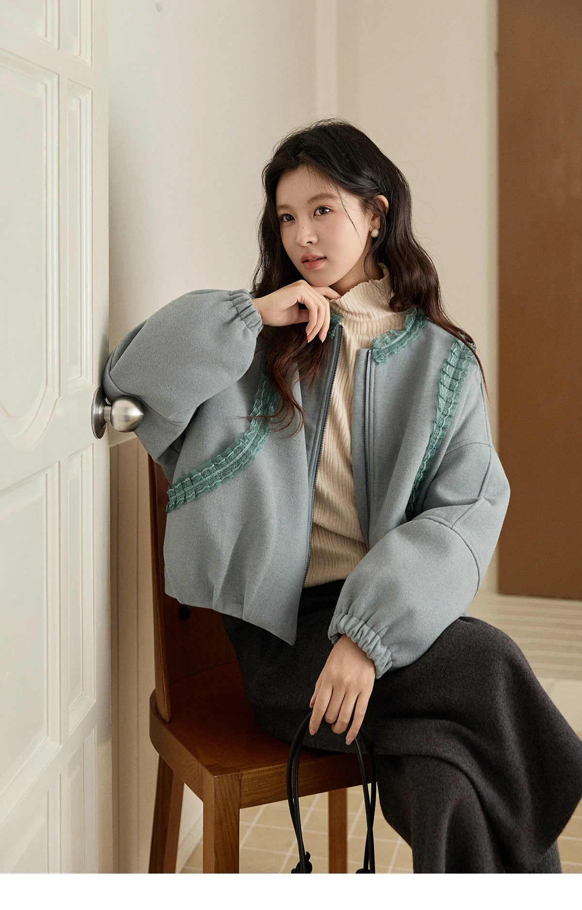 Mishow Light Blue Lace Trim Puff Sleeve Down Coat MXE94W1048