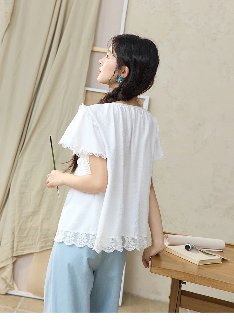 MISHOW White Lace Up Blouse Butterfly Sleeve Hollow Lace MXE34X1784