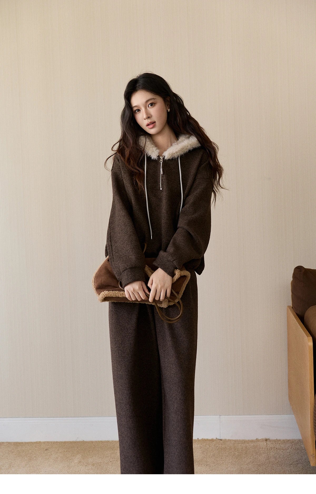 Mishow Brown Faux Fur Hood Sweatshirt & Wide Leg Pants Set MXE94T1476