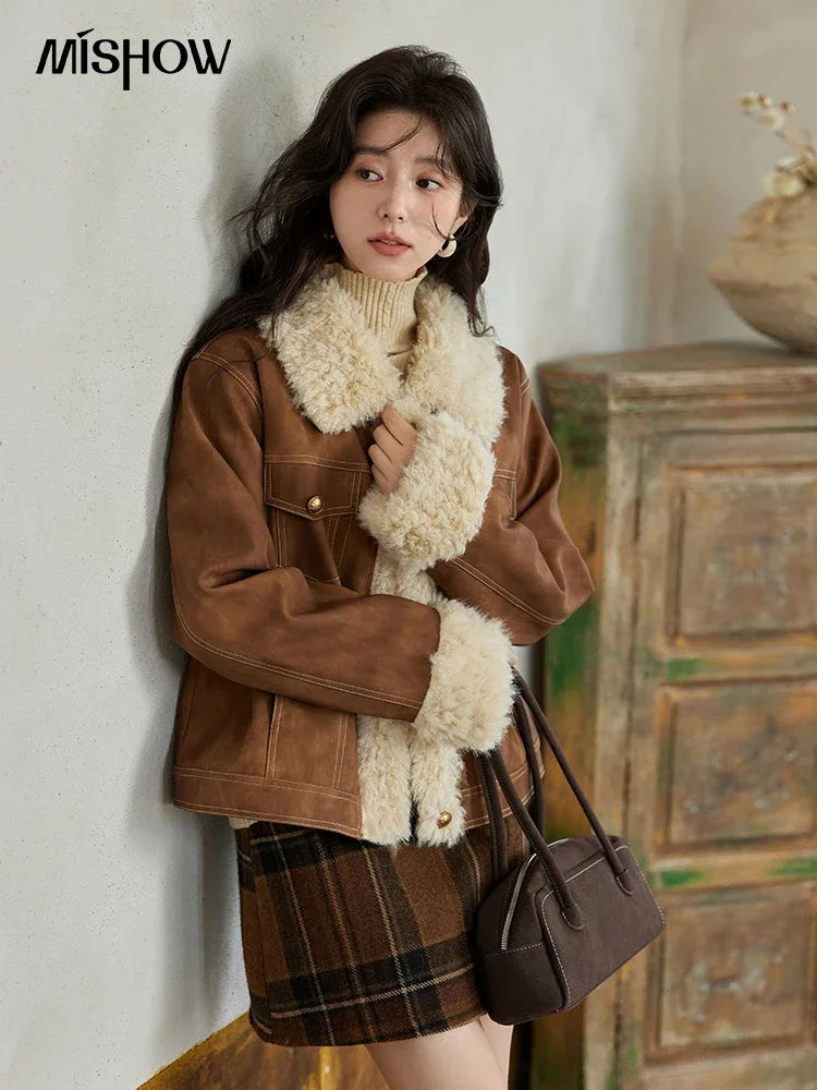 Mishow Leather Fur Lamb Wool Spliced Jacket MXD56W0538